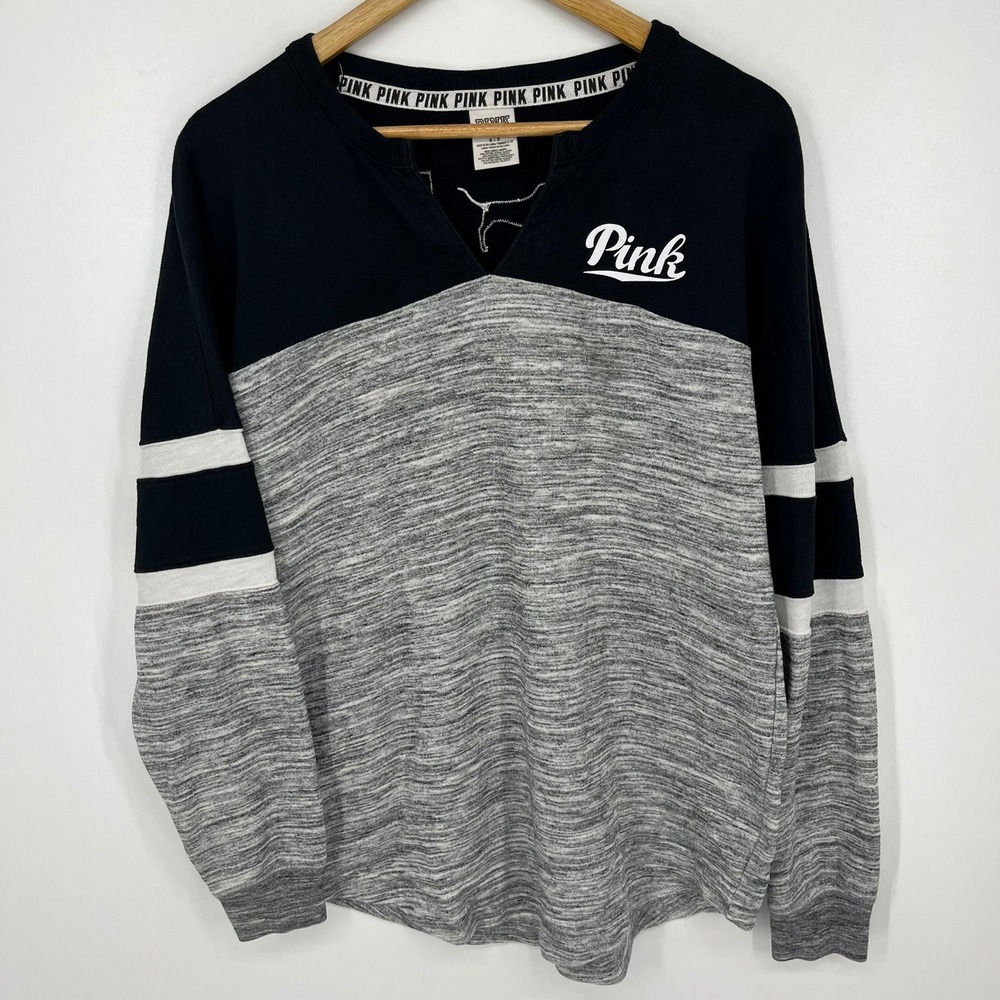 Victorias Secret PINK Womens Small Gray Black Colorblock Varsity Logo Sweatshirt